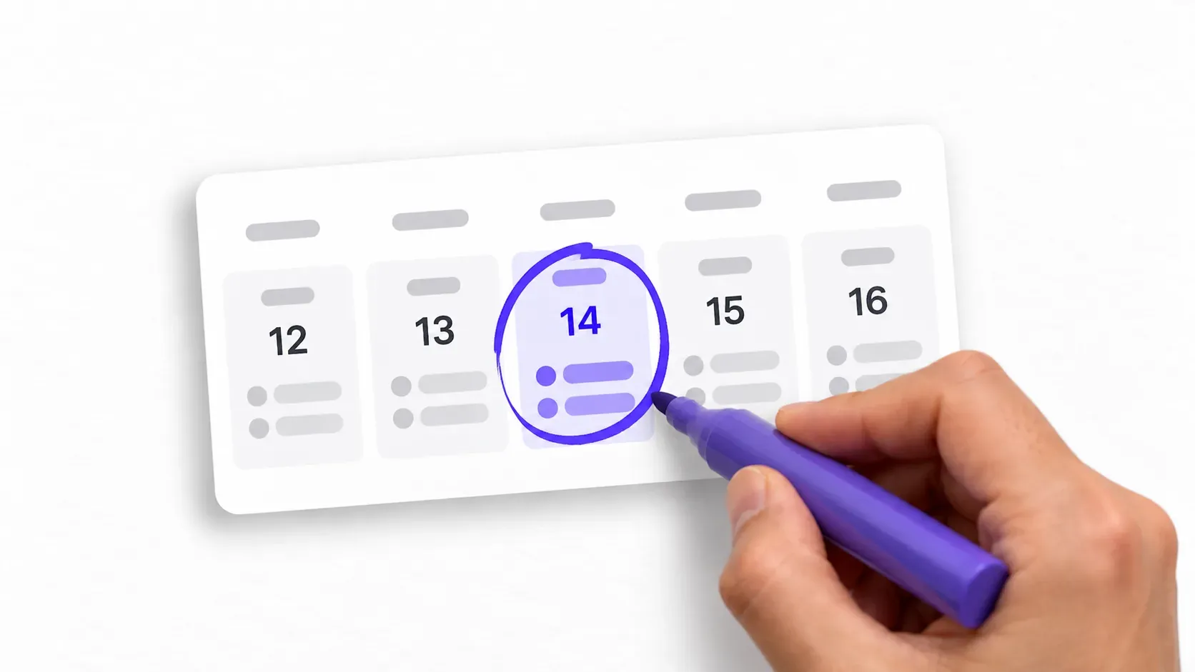 Illustration: Eine Hand kreist mit einem violetten Stift einen Tag in einem Kalender ein