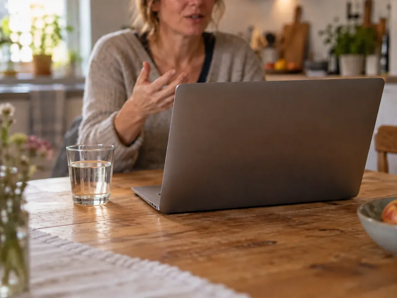Eine Frau sitzt am Küchentisch vor einem Laptop und erzählt mit einer Handbewegung