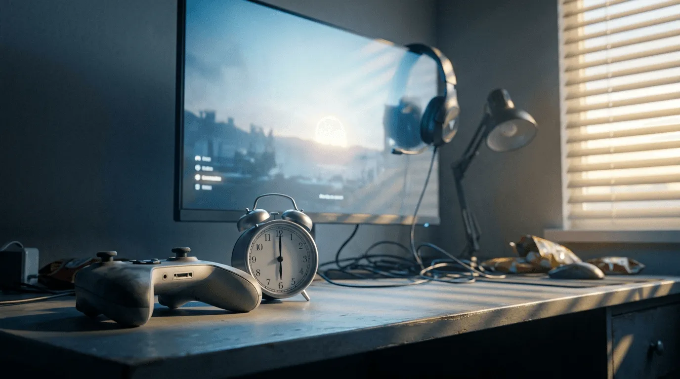 Symbolbild: Gaming-Controller und Wecker um 6 Uhr früh vor leuchtendem Monitor