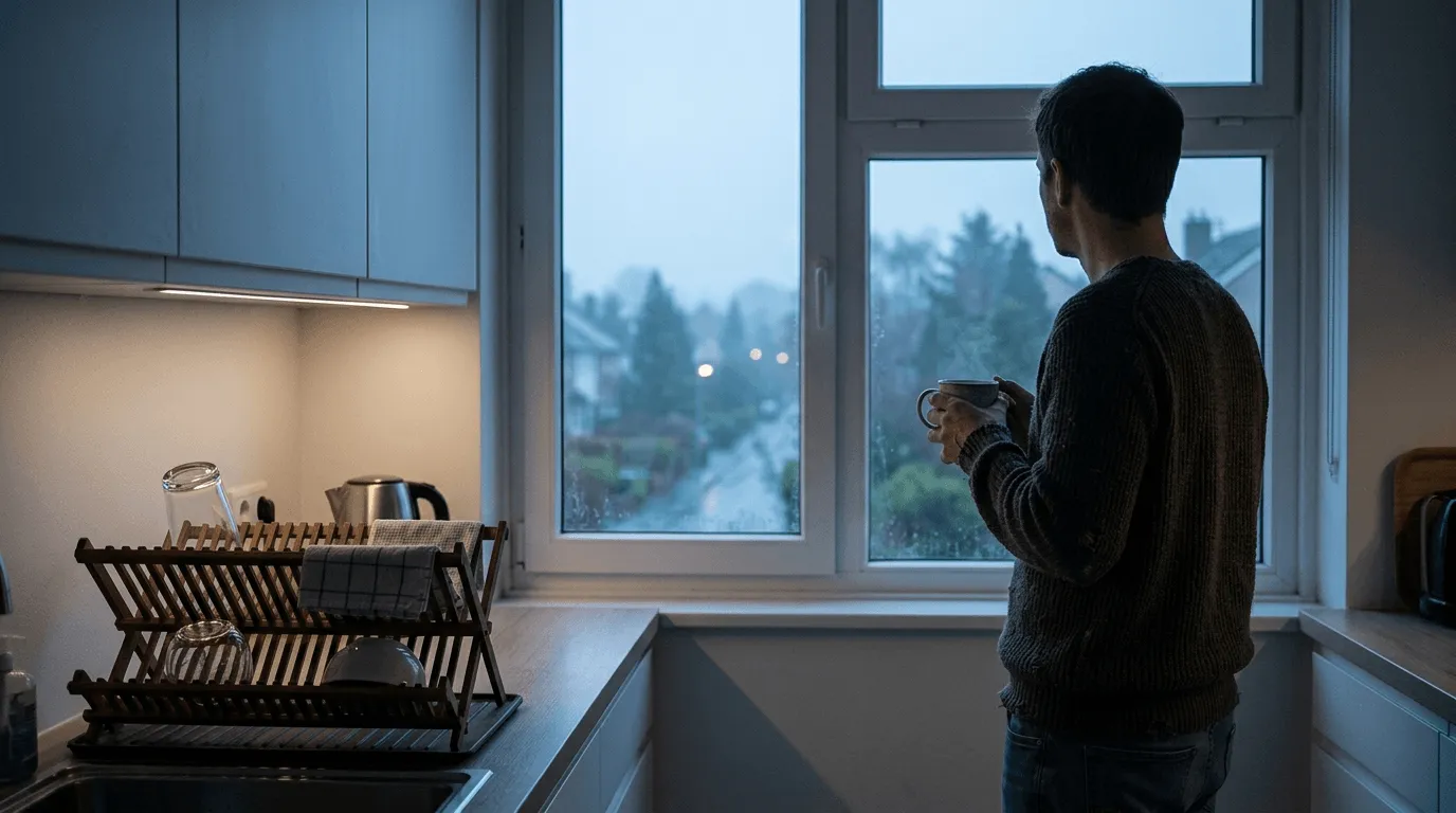 Symbolbild: Person steht am frühen Morgen mit einer Tasse am Küchenfenster