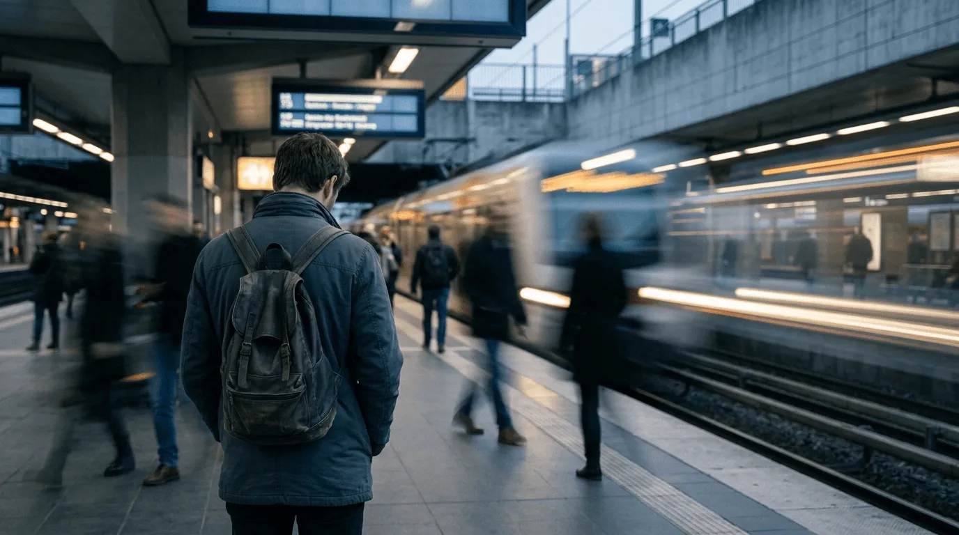 Symbolbild: Person steht still am Bahnsteig, während die Welt vorbeirauscht