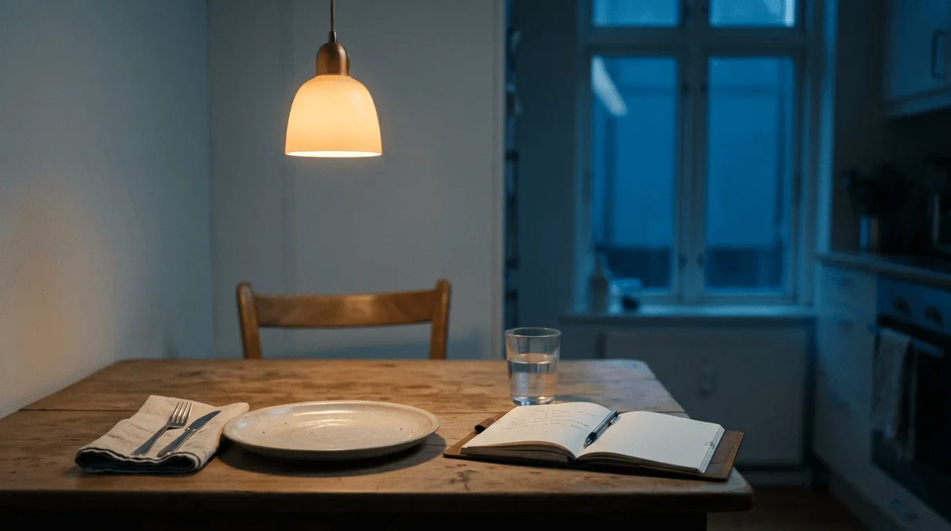 Symbolbild: Küchentisch am Abend mit leerem Teller, Wasserglas und Tagebuch