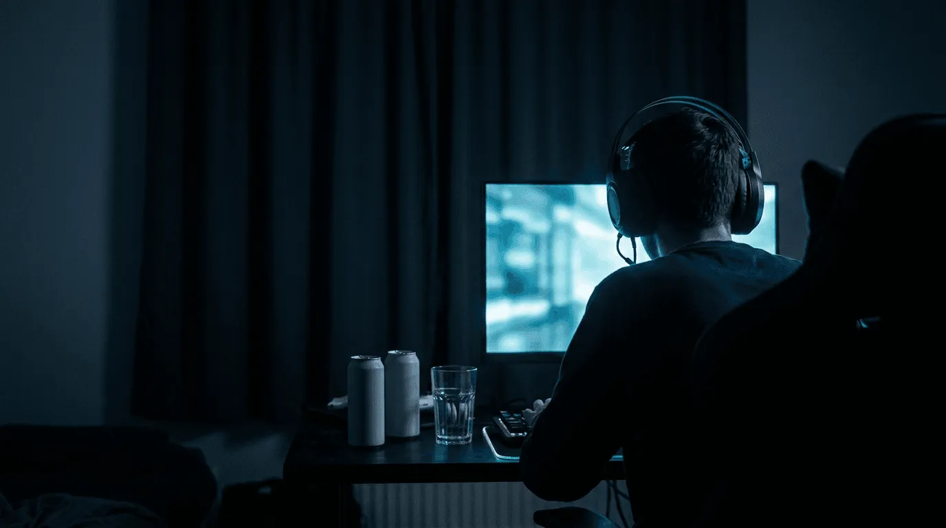 Symbolbild: Person mit Headset nachts vor leuchtendem Gaming-Monitor