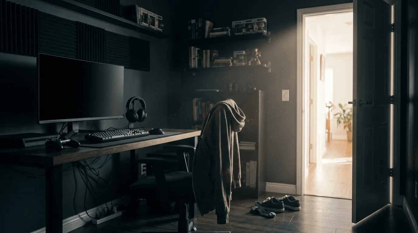Symbolbild: dunkles Gaming-Zimmer mit offener Tür zu hellem Flur