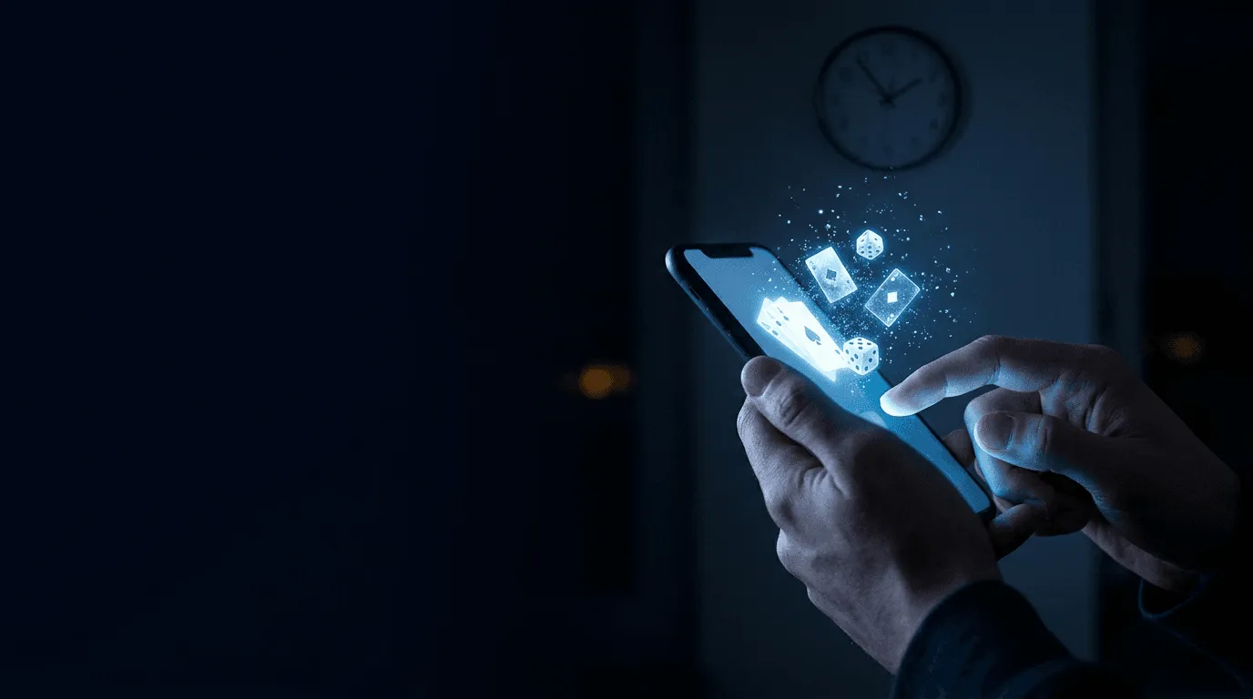 Symbolbild: Hände halten nachts ein Smartphone mit leuchtenden Karten- und Würfelsymbolen