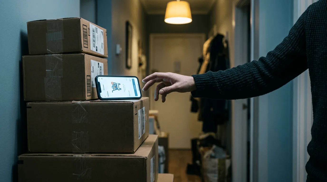 Symbolbild: Stapel ungeöffneter Pakete im Flur, eine Hand zögert über dem Smartphone mit Shopping-App