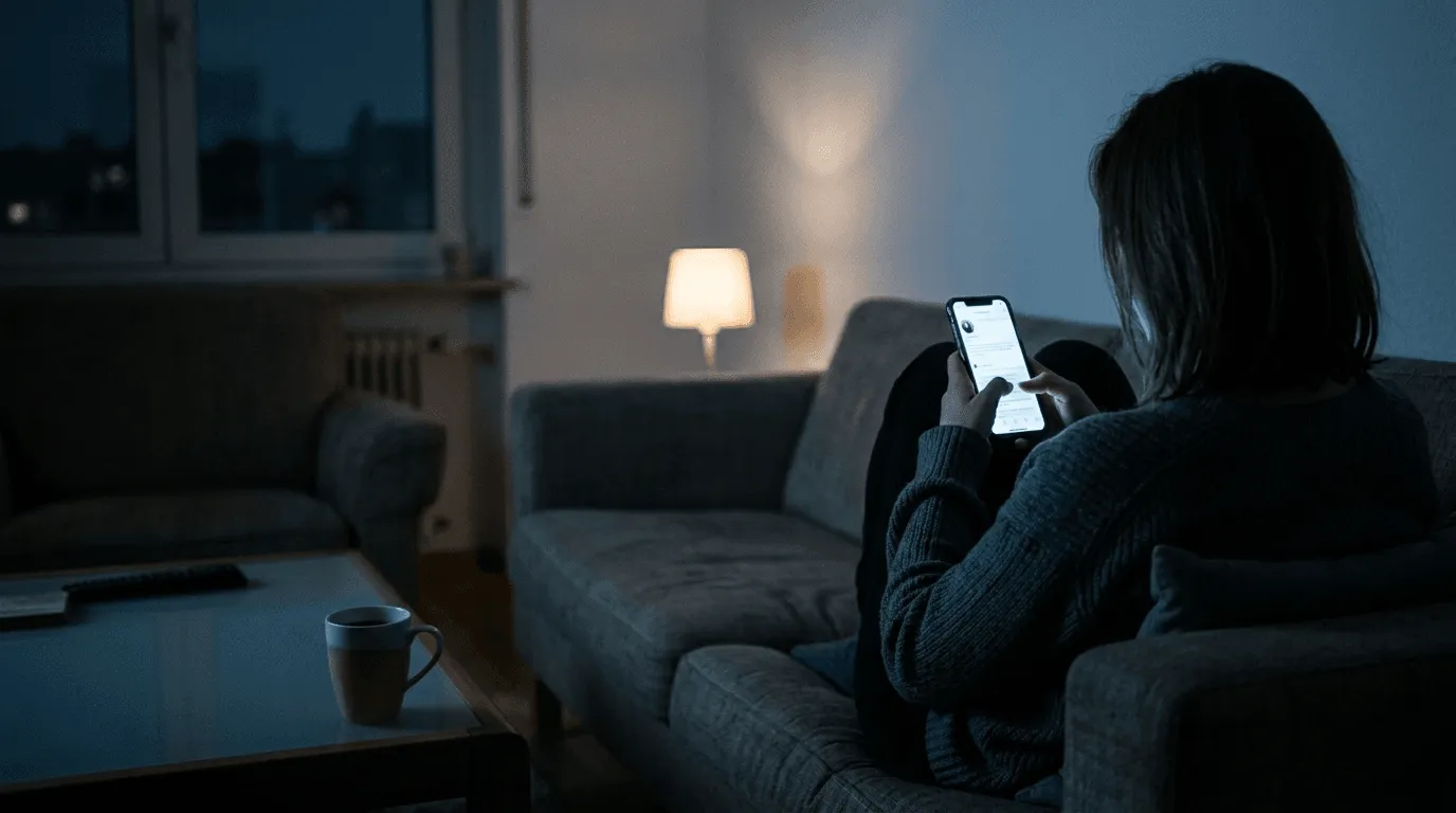Symbolbild: Person scrollt abends auf dem Sofa am Smartphone