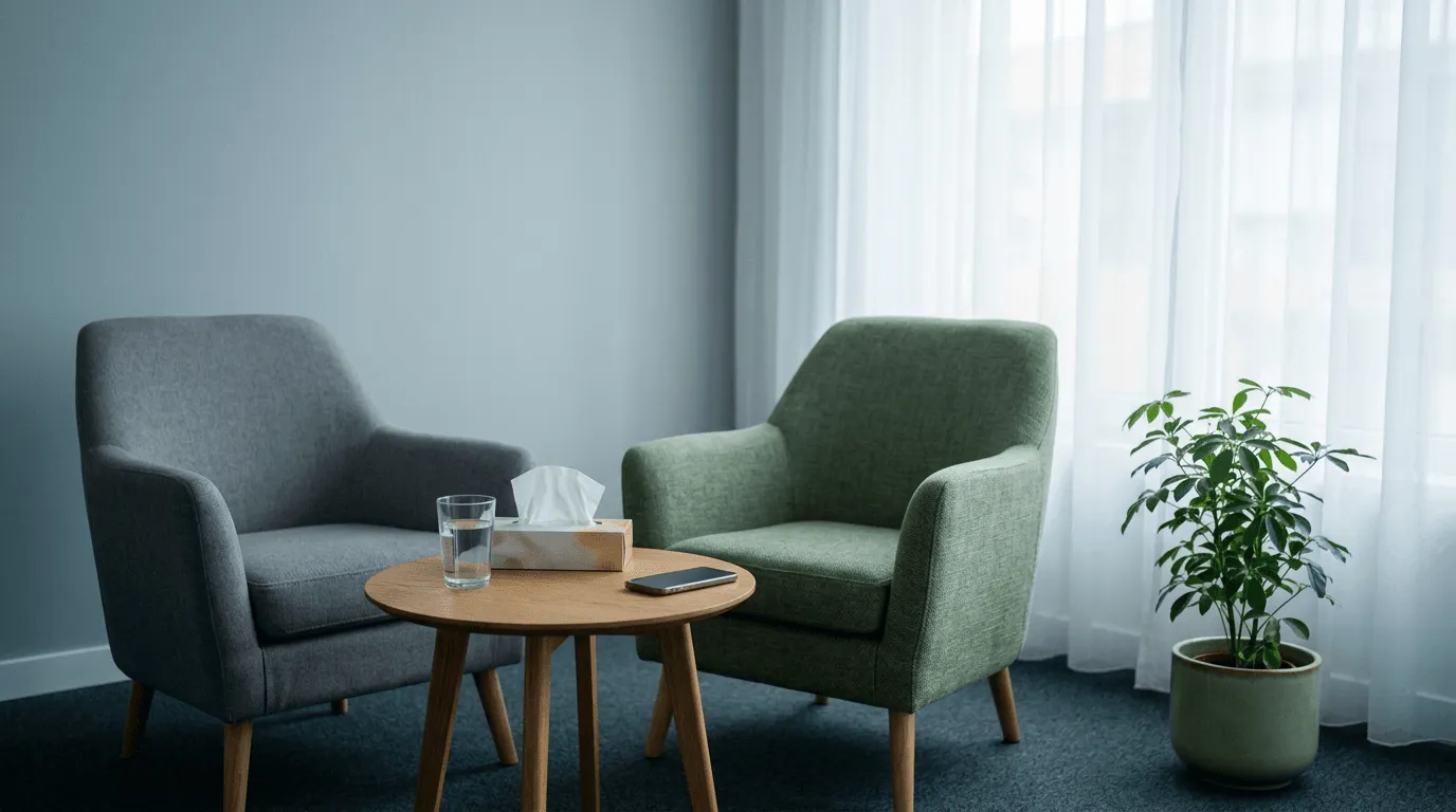 Symbolbild Therapie: zwei Sessel in einer hellen Therapiepraxis, Smartphone liegt beiseite