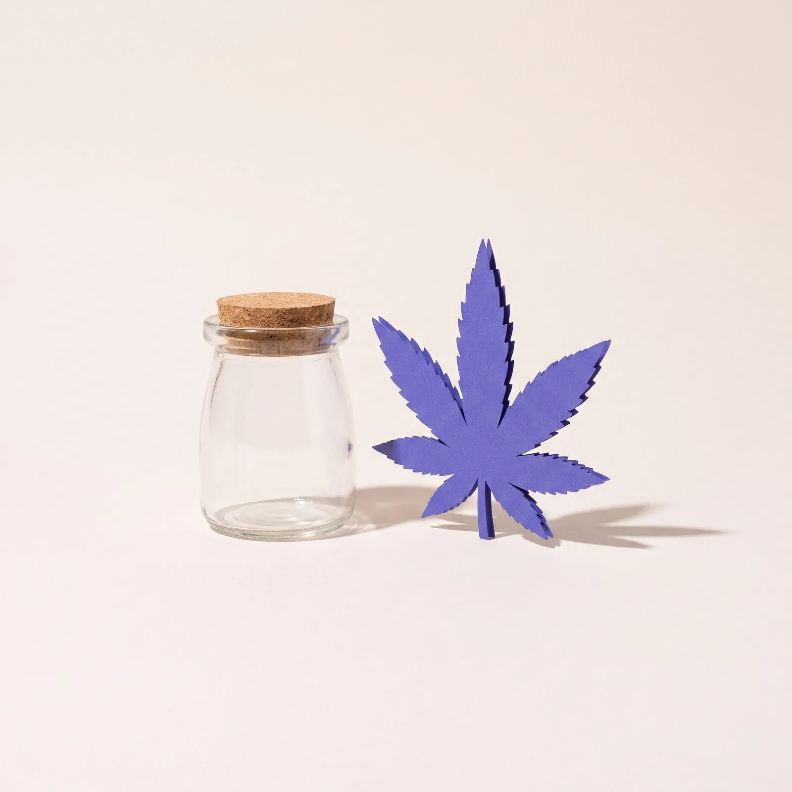 Leeres verschlossenes Glas neben einem violetten Papierblatt in Hanfform