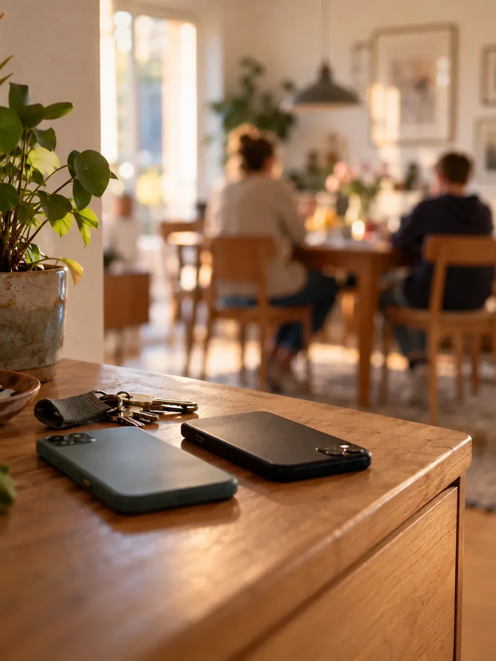 Zwei Smartphones liegen auf einer Kommode, im Hintergrund sitzen Mutter und Kind gemeinsam am Esstisch