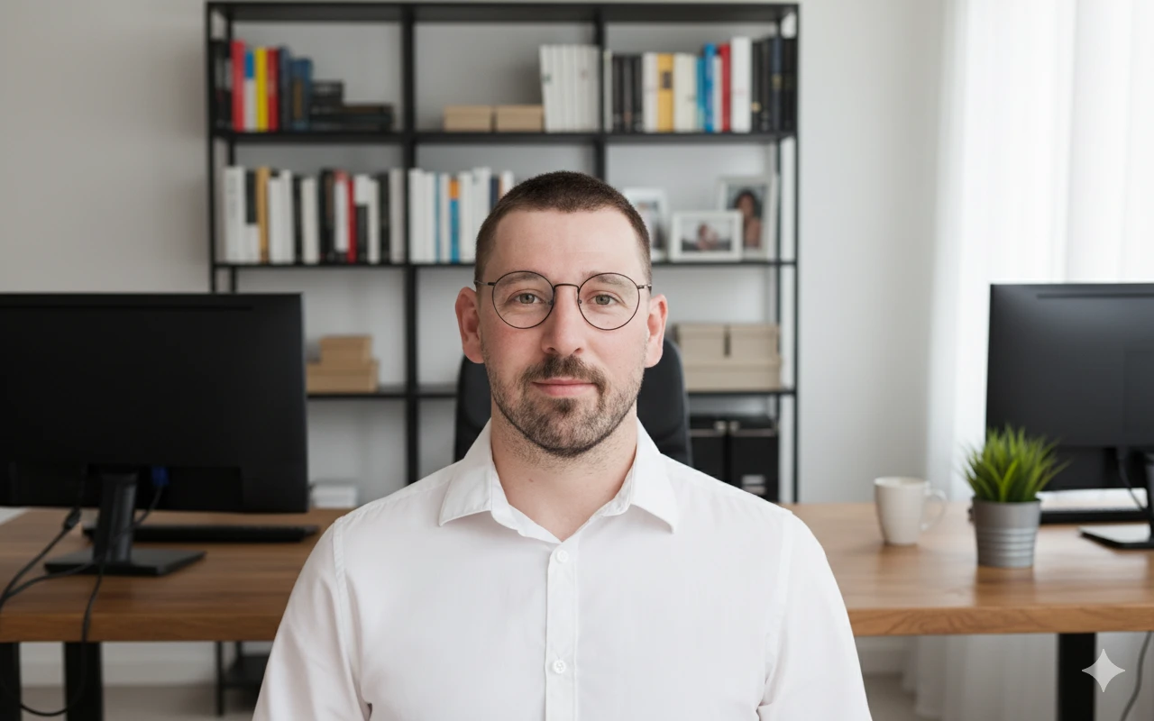Anatol Bräunig, Coach und Psychologe, in einem hellen Home-Office