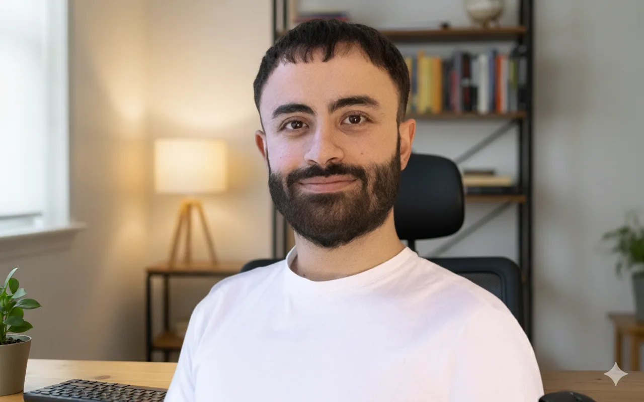 Bashar Sulaiman, Coach und Psychologe, in einem hellen Home-Office